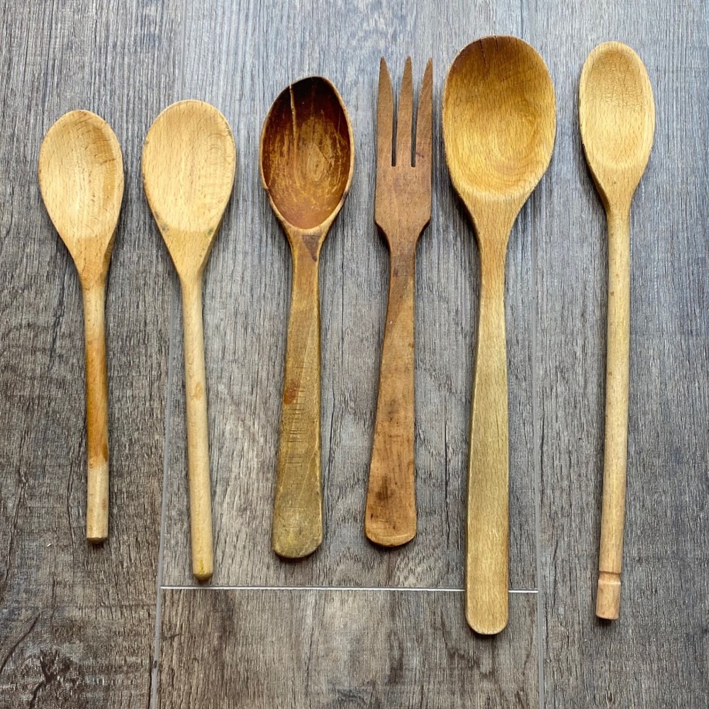 Vintage Wooden Kitchen Utensil Set 6pc Rustic Hand Carved Spoons and Fork Set